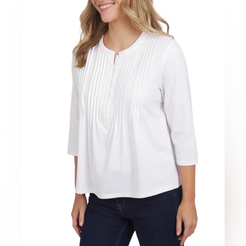 Lands' End White Pintuck Front 3/4 Sleeve Blouse Large